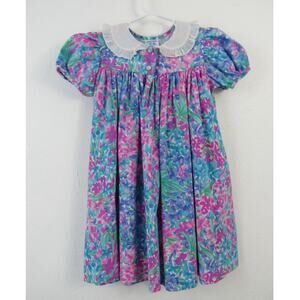 Vintage Kelly's Kids 4T Purple Pink Blue Floral Print Bishop Dress Ruffle Collar